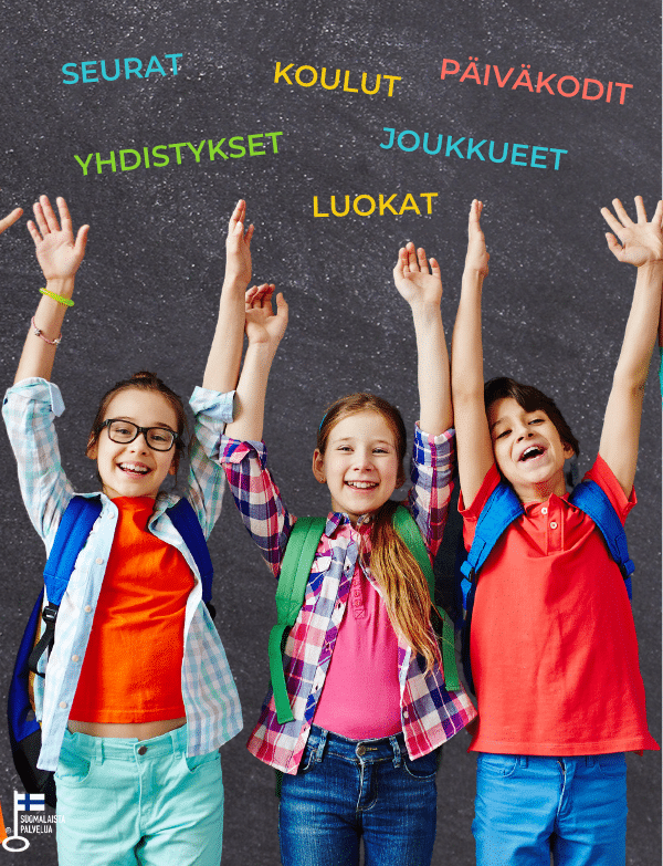 TueTiimiä.fi - Iloisia lapsia, ja teksti: "Koulut, seurat, yhdistykset, joukkueet, luokat, päiväkodit".