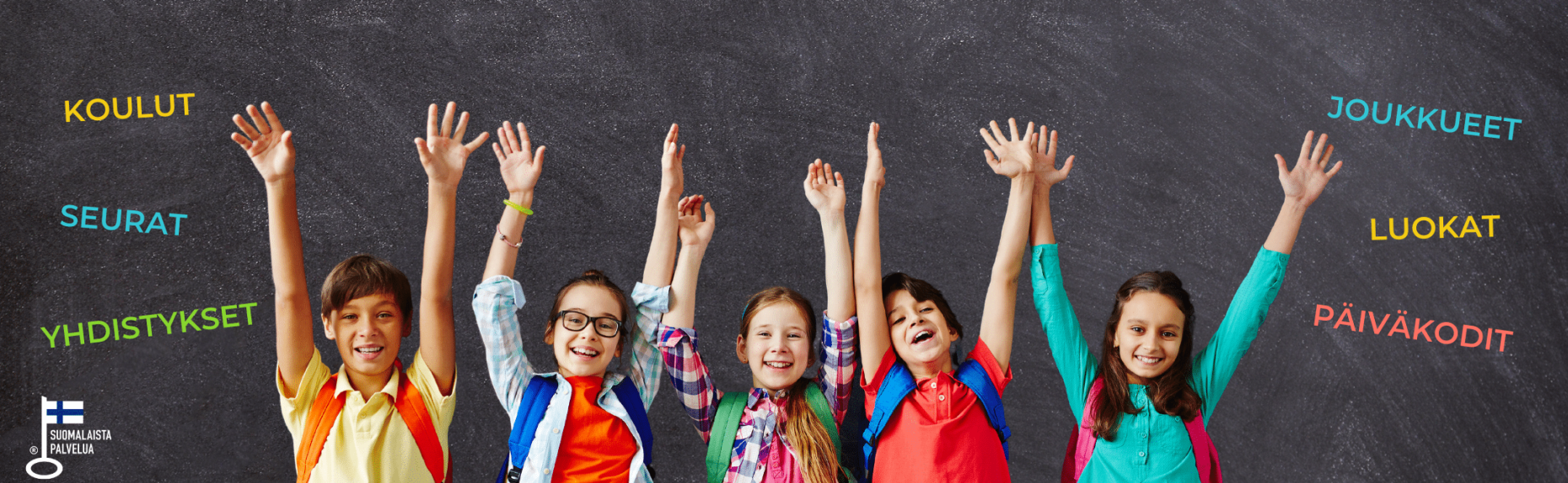 TueTiimiä.fi - Iloisia lapsia, ja teksti: "Koulut, seurat, yhdistykset, joukkueet, luokat, päiväkodit".
