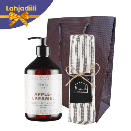 Omena-toffee käsisaippua + keittiöpyyhe lahjakassissa