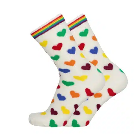 Sateenkaari sydämet -merinovillasukat, valkoinen