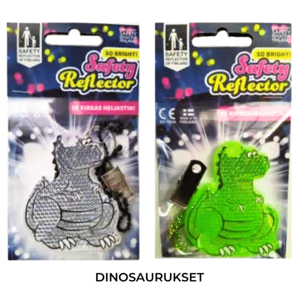 Kaksi dinosaurus-heijastinta (yksi harmaa ja toinen vihreä)